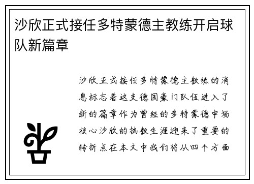 沙欣正式接任多特蒙德主教练开启球队新篇章